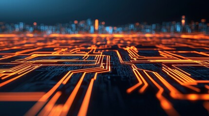 Leinwandbilder - Abstract Circuit Board Design with Glowing Orange Lines and Pattern