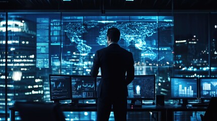 Poster - Global Network Monitoring, A Nighttime View of a Business Executive Overseeing a Cityscape Through Advanced Technology
