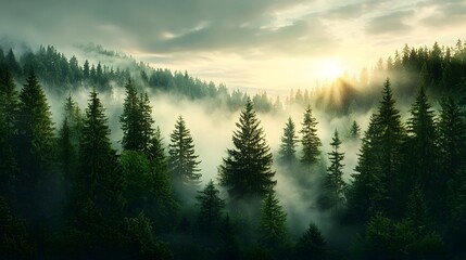 Poster - Magical misty pine forest at dawn with soft golden light breaking through the haze creating a serene and ethereal atmosphere