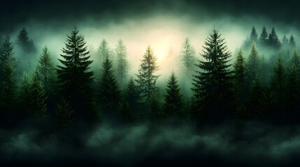 Poster - Breathtaking photograph of a foggy pine forest at dawn with soft golden light gently breaking through the misty haze creating a serene and ethereal atmosphere