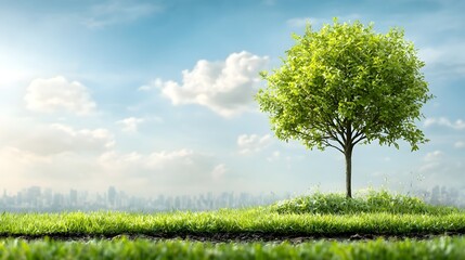 Poster - Lone Standing Tree Symbolizing Strength and Resilience in Peaceful Open Green Field with Ample Copy Space for Placement of Text or Overlay