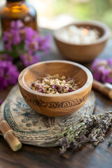Poster - Wooden Bowl with Herbal Blend for Aromatherapy and Relaxation : Generative AI