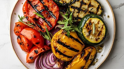 A clean arrangement of grilled vegetables styled on a minimalist plate. background