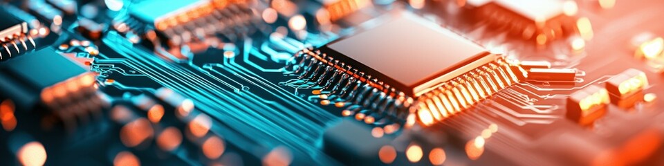 Fototapete - Close-Up View of Modern Microchips and Circuit Board Technology