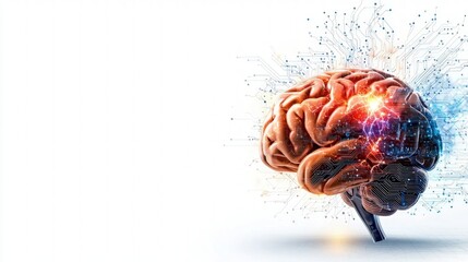 Poster - Brain illustration with technology and digital connections on a white background