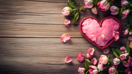 Poster - Romantic Pink Heart with Flower Petals on Rustic Wooden Background : Generative AI