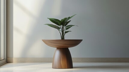 Wall Mural - A clean photo of a modern side table styled with a potted plant on a light floor. background