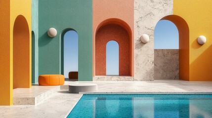Poster - minimalist architectural composition with arched niches pastel walls and reflecting pool