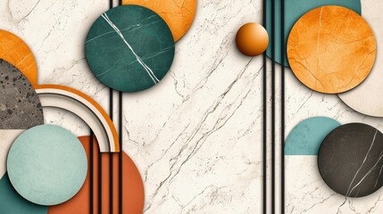 Poster - Vibrant Geometric Marble Shapes Abstract Composition with Orange and Teal Circles and Rectangles