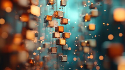 Poster - Abstract 3D Rendering of Golden and Copper Cubes Falling Teal Background Digital Art