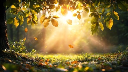Poster - Majestic forest at sunset with golden light and long shadows casting through the trees  Tranquil and serene landscape with a sense of peace and solitude perfect for nature