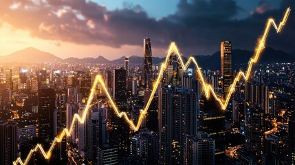 Poster - vibrant cityscape with dynamic financial data visualization at sunset