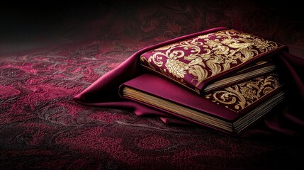 Aufkleber - Elegant thai pun pun patterns on rich maroon fabric studio setting artistic photography close-up view cultural heritage