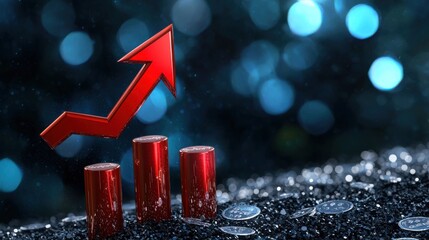 Poster - upward financial growth visualized through red arrow and line graph on dark background