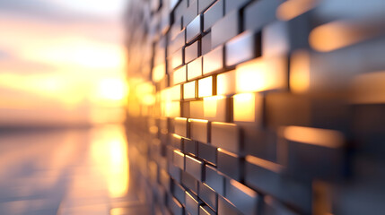 Aufkleber - Abstract Modern Wall of Metallic Blocks Reflecting Golden Sunset Light : Generative AI