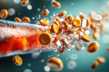 Aufkleber - Vibrant Orange Capsules Dissolving in Liquid Dynamic Splash Abstract Background