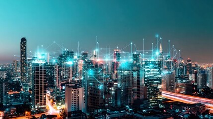 Poster - Smart City Night View Connected Buildings and Urban Network Infrastructure