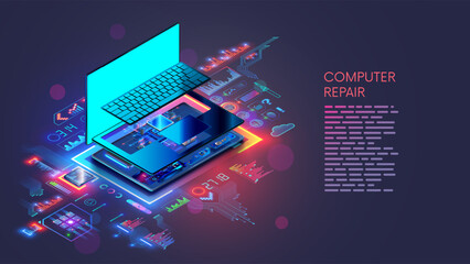 Poster - Laptop computer repair. Computer hardware technology. Repair, upgrade, maintenance laptop. Repair service notebook. Isometric concept. Disassembled laptop, motherboard, keyboard. Devices maintenance