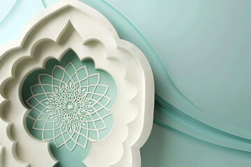 Poster - Intricate white floral design on a soft turquoise background, showcasing elegant craftsmanship