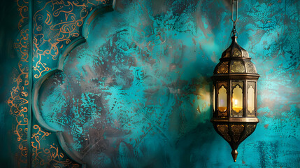 Poster - Ornate turquoise wall with intricate patterns and a glowing lantern casting warm light