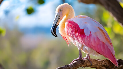 Poster - Pink Flamingo Perched on Tree Branch with Soft Focus Background in Natural Habitat : Generative AI