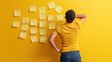 Poster - Businessman Brainstorming Ideas with Sticky Notes on Wall in Creative Office Environment