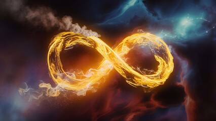 Wall Mural - Digital 3D infinity sign made of burning plasma on colorful night sky background showing boundless universe - Generative AI