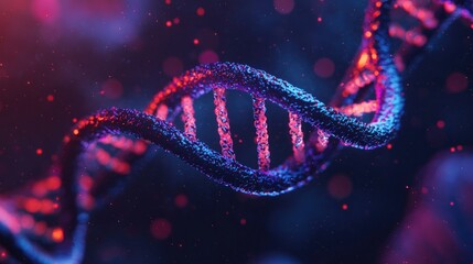Aufkleber - Microscopic view of DNA double helix structure glowing in vibrant red and blue neon light Genetic code research concept