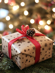 Aufkleber - Festive Christmas Gift Wrapped with Red Ribbon and Pine Cone Decor : Generative AI
