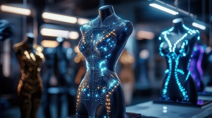 Poster - Futuristic Digital Cyborg Body Illuminated with Neon Lights and Holographic Displays