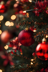 Aufkleber - Sparkling Red Christmas Ornament on Evergreen Tree with Warm Holiday Lights : Generative AI