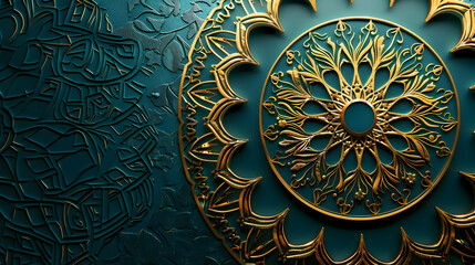 Poster - Intricate golden mandala design on a textured teal background with artistic embellishments