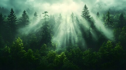 Poster - Serene and Captivating Misty Forest Landscape at Sunrise with Ethereal Rays of Light Shining Through the Trees Evoking a Sense of Peace and Renewal