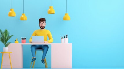 Poster - Bearded Man Working at Home Office Desk with Laptop and Decor