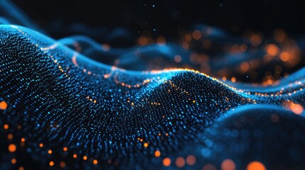 Poster - Dynamic digital art showcasing a mesmerizing wave of blue and orange particles. Abstract and futuristic