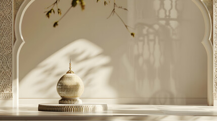 Poster - Elegant decorative sphere on a minimalist surface, showcasing intricate shadows and soft lighting