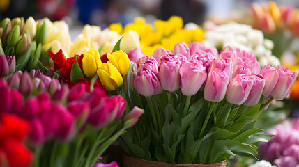 Poster - Vibrant Colorful Tulip Arrangement Blooming in Spring Garden Market : Generative AI