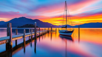 Canvas Print - Stunning Sunset Landscape with Moored Sailboat on Tranquil Lake Surrounded by Mountains