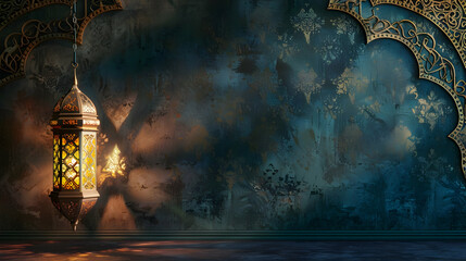 Poster - Ornate lantern casting warm light in a beautifully textured wall, evoking a serene atmosphere