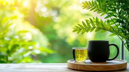 Canvas Print - Serenity in Nature   Peaceful Outdoor Scene with Sunlight and Tea Cup on Wooden Table