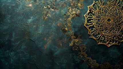 Poster - Intricate gold floral mandala design on a textured teal background, ideal for artistic projects