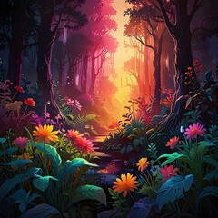 Wall Mural - A vibrant forest scene bathed in warm, glowing light features a path lined with lush foliage and colorful flowers. Tall trees arch overhead, creating a serene and enchanting atmosphere.