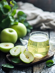 Aufkleber - Refreshing Glass of Apple Juice with Sliced Green Apples on Rustic Table : Generative AI