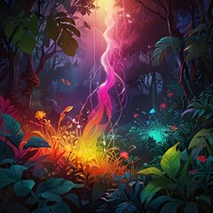 Wall Mural - A vibrant cascade of rainbow-colored light descends through a mystical forest, illuminating lush foliage and exotic flowers. The scene is alive with rich hues and an enchanting, magical atmosphere.