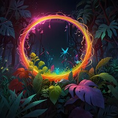 Wall Mural - A vibrant, glowing circle hovers amidst a lush, mystical forest filled with colorful foliage. Enchanting hues of purple, green, and orange blend to create a magical, otherworldly atmosphere.