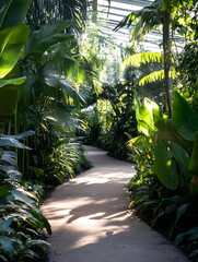Poster - Serene Tropical Jungle Pathway with Lush Green Foliage and Sunlight : Generative AI