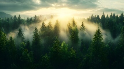 Poster - Breathtaking aerial photograph showcasing a misty pine forest bathed in the golden light of sunrise  The treetops glow with a serene and ethereal ambiance creating a captivating and natural landscape