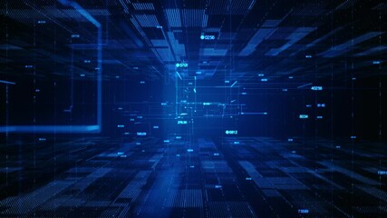 Poster - Futuristic Digital Data Flow With Analytics Interface and Digital Data Network Connections. Abstract Technology Digital Environment with Analytical Elements in blue tones. Seamless Loop. 4K