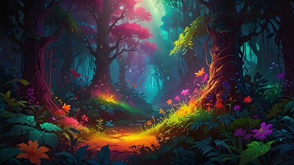 Wall Mural - A vibrant, enchanting forest scene features a pathway illuminated by mystical, colorful lights. Trees with multicolored foliage line the path, creating a magical and serene atmosphere. 