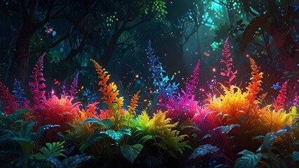 Wall Mural - Vibrant, multicolored plants with glowing hues illuminate a dark forest, creating a magical, otherworldly atmosphere. The contrast between the bright foliage and the shadowy, dense woods adds depth
